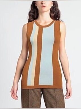 GOLDEN GOOSE Sleeveless Striped Knit Top in Camel and Light Blue Size Small